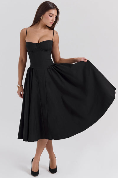 Midi jurk met corsetlook en fijne bandjes