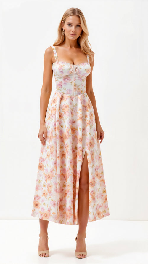 Elegante midi jurk zonder mouwen met bloemenmotief