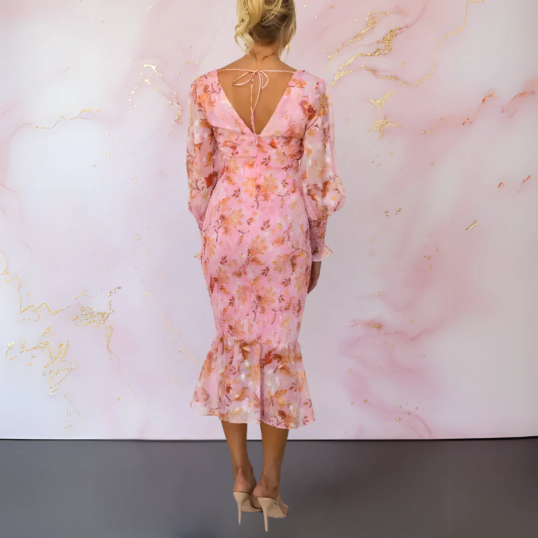Elegante midi jurk met bloemenprint V-hals en lange pofmouwen