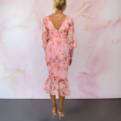 Elegante midi jurk met bloemenprint V-hals en lange pofmouwen