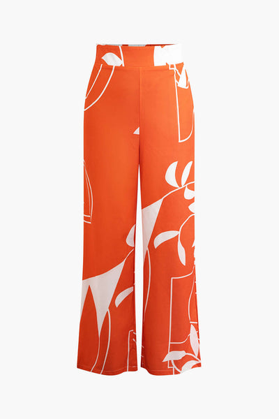 Tweedelige set met cropped top met strikbandjes en wijde broek met bamboebladerenprint