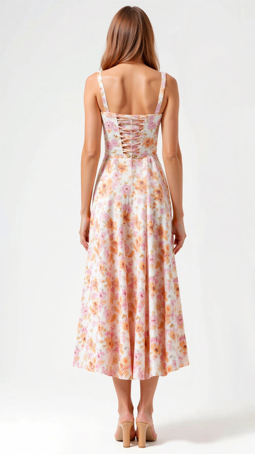Elegante midi jurk zonder mouwen met bloemenmotief