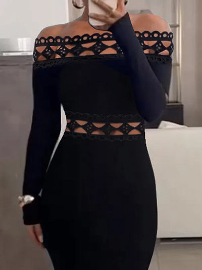 Getailleerde midi-jurk met lange mouwen, open details en off-shoulder ontwerp voor een stijlvolle uitstraling