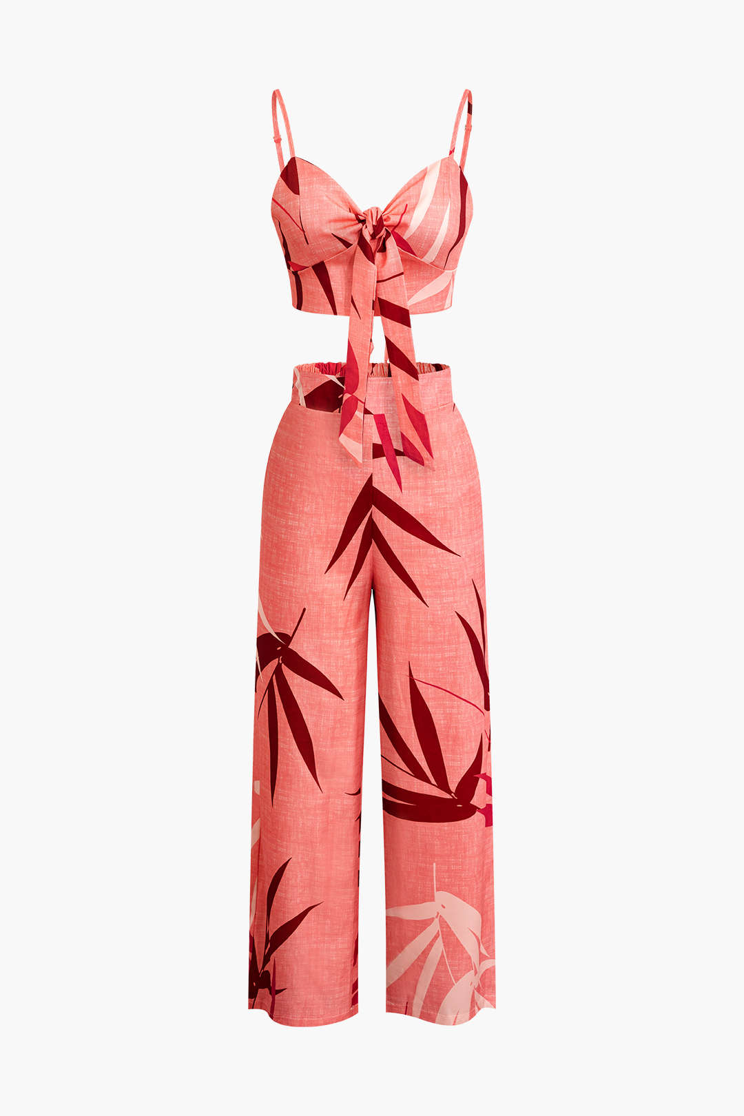 Tweedelige set met cropped top met strikbandjes en wijde broek met bamboebladerenprint