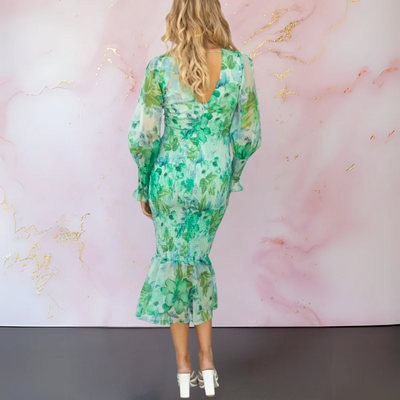 Elegante midi jurk met bloemenprint V-hals en lange pofmouwen