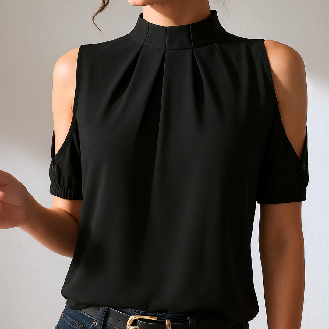 Stijlvolle damesblouse met opstaande kraag en korte mouwen met split