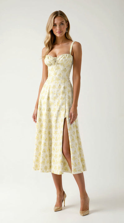Elegante midi jurk zonder mouwen met bloemenmotief