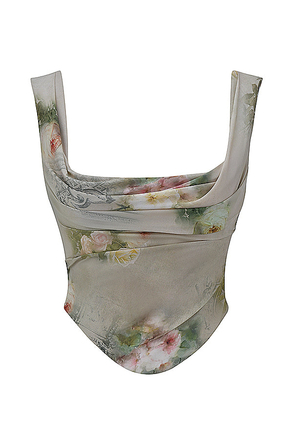 Vintage set met bloemenprint bestaande uit top met vetersluiting en lange rok