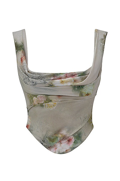 Vintage set met bloemenprint bestaande uit top met vetersluiting en lange rok