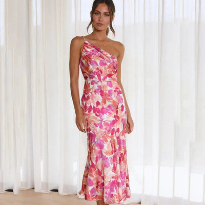 Midi jurk met bloemenprint en asymmetrische schouderlijn