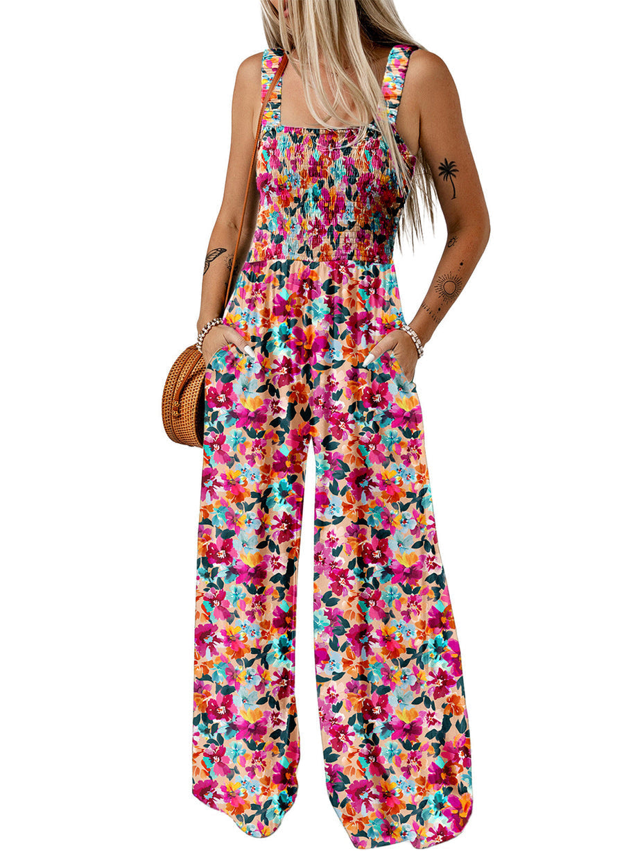 Zomerse dames jumpsuit met bloemenprint vierkante halslijn en wijde pijpen
