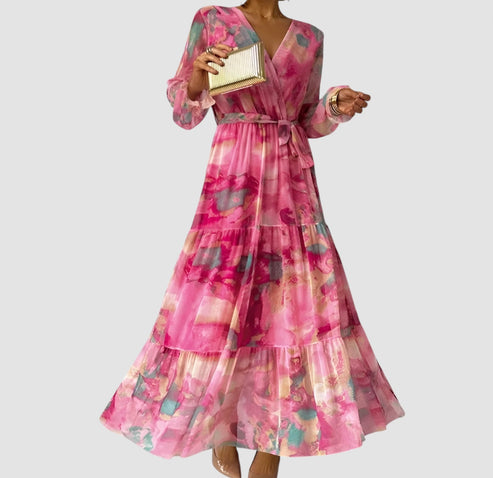 Lange overslagjurk met aquarel bloemenprint en lange mouwen voor een elegante look