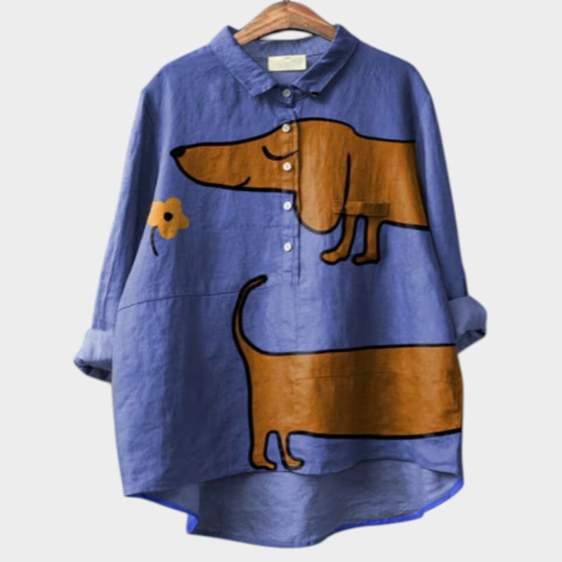Wijdvallende blouse met halve knopen en speelse hondenprint