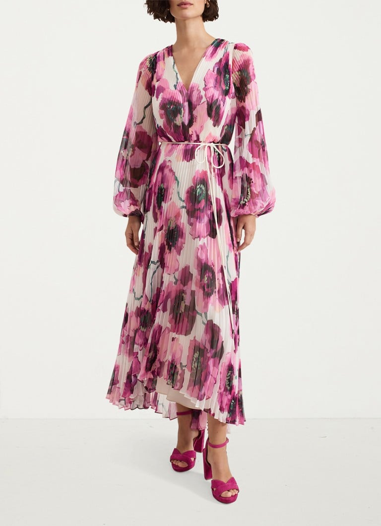 Elegante geplisseerde maxi jurk met bloemenprint en lange mouwen