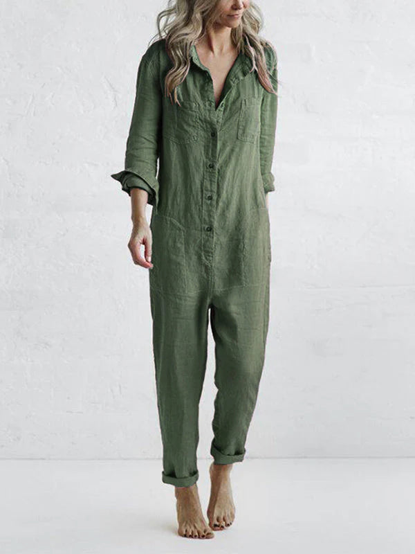 Lange damesjumpsuit met knoopdetails en lange mouwen voor een moderne en luchtige stijl