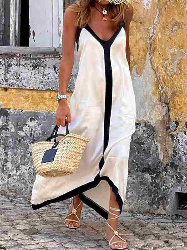 Carolina - Vloeiende, oversized maxi-jurk met zelfbinder in contrasterende kleur