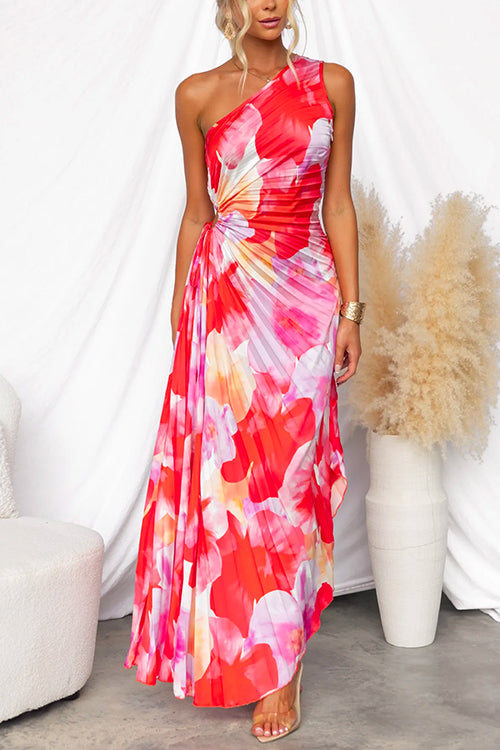 Elegante geplooide zomerjurk met asymmetrische schouderlijn