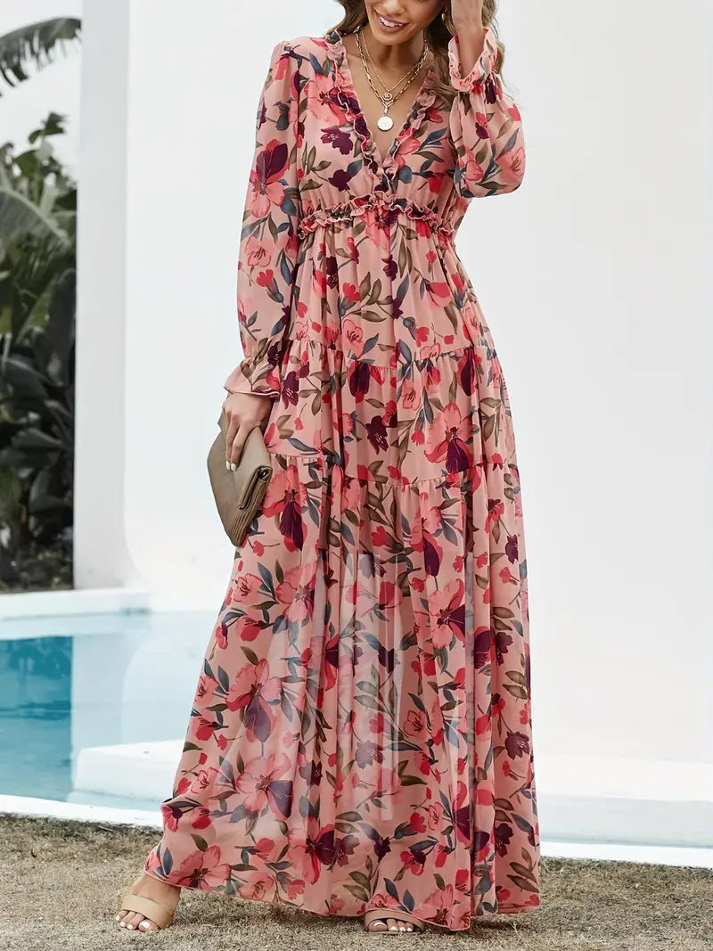 Elegante maxi jurk met bloemenprint en lange pasvorm