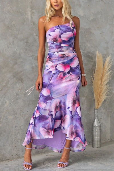 Maxi jurk met bloemenprint en geplooide details in asymmetrische stijl