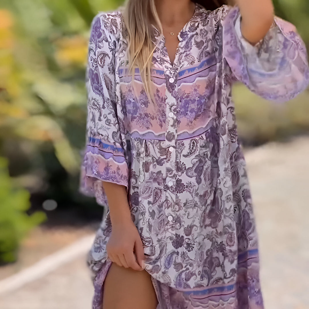 Bohemian damesjurk met v-hals en all-over print in midi lengte