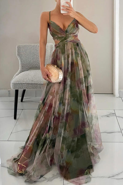 Elegante maxi jurk met dunne bandjes en artistiek bloemenmotief