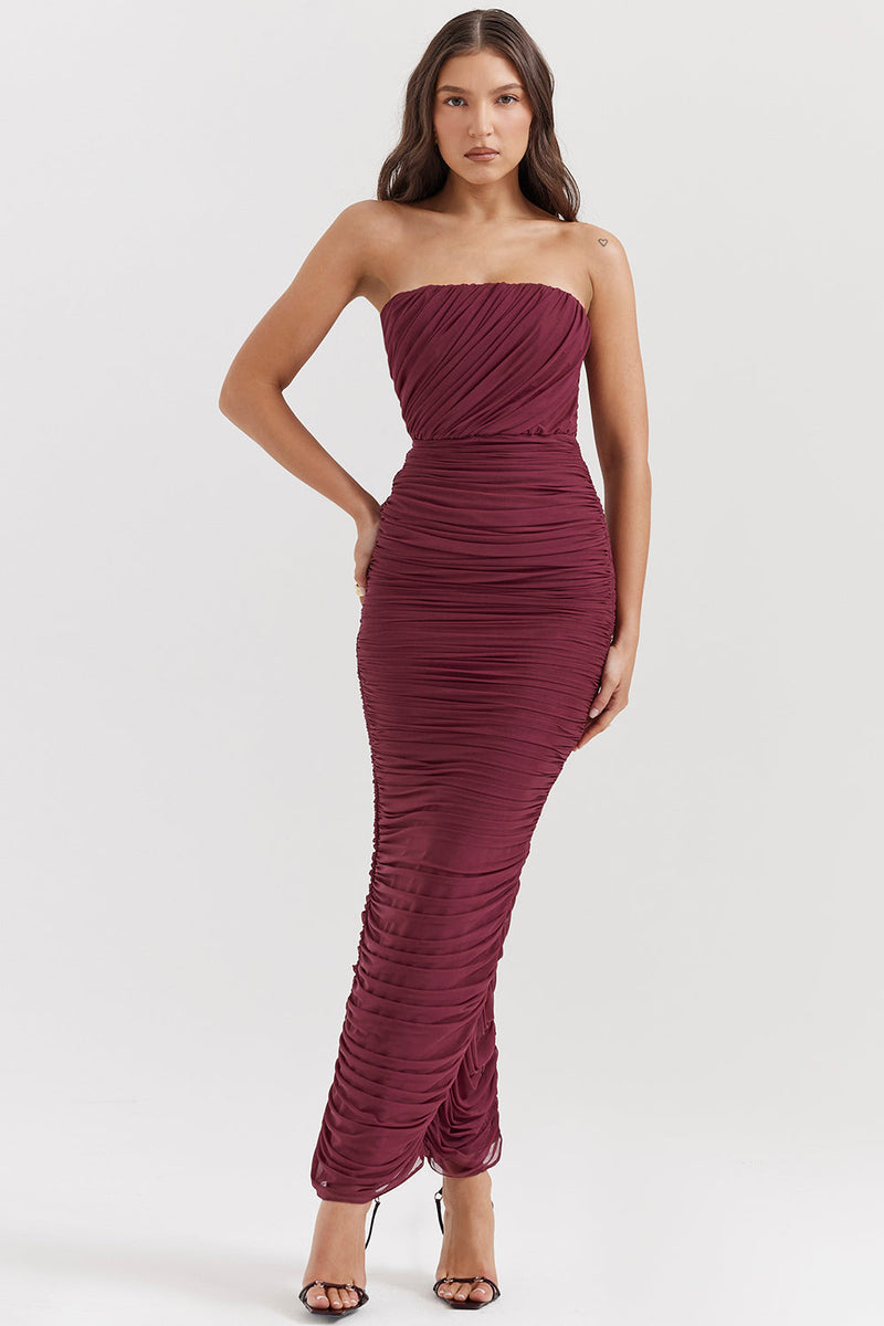 Strapless maxi jurk met speelse ruches en zwierige uitstraling