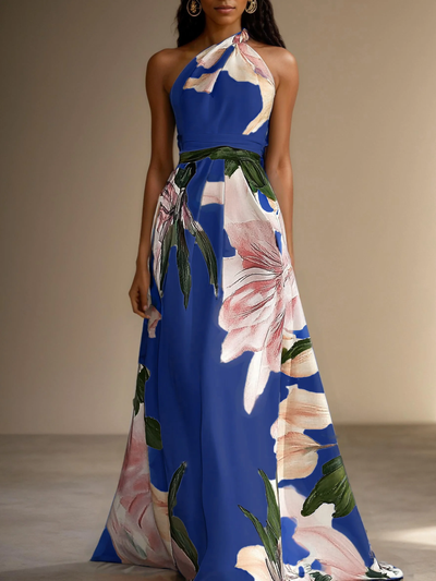 Elegante maxi jurk met verfijnde print en asymmetrische halslijn