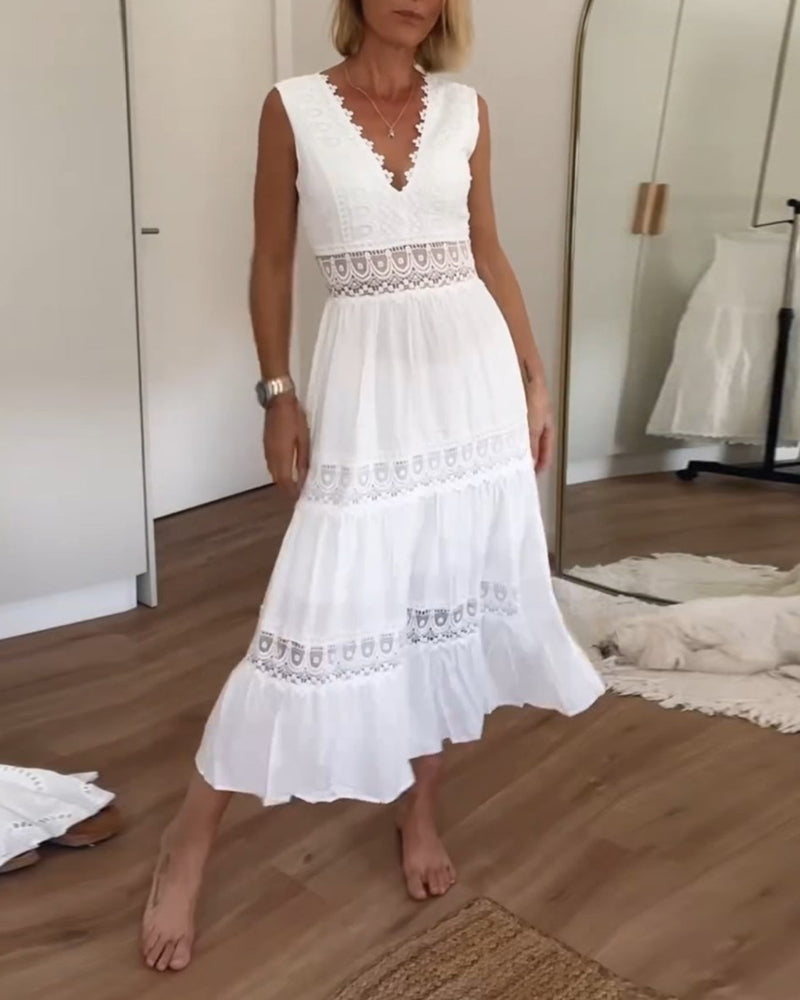 Zomerse midi jurk zonder mouwen met elegante uitstraling