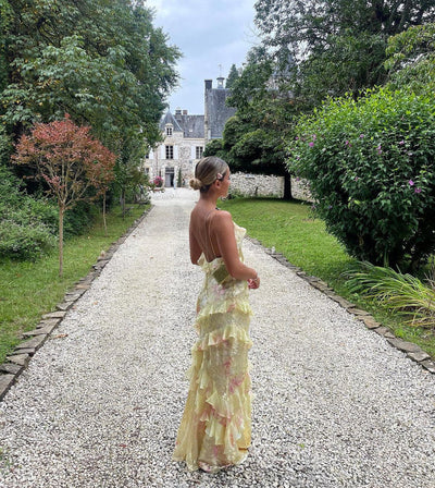 Elegante lange jurk met ruches dunne bandjes en open rug