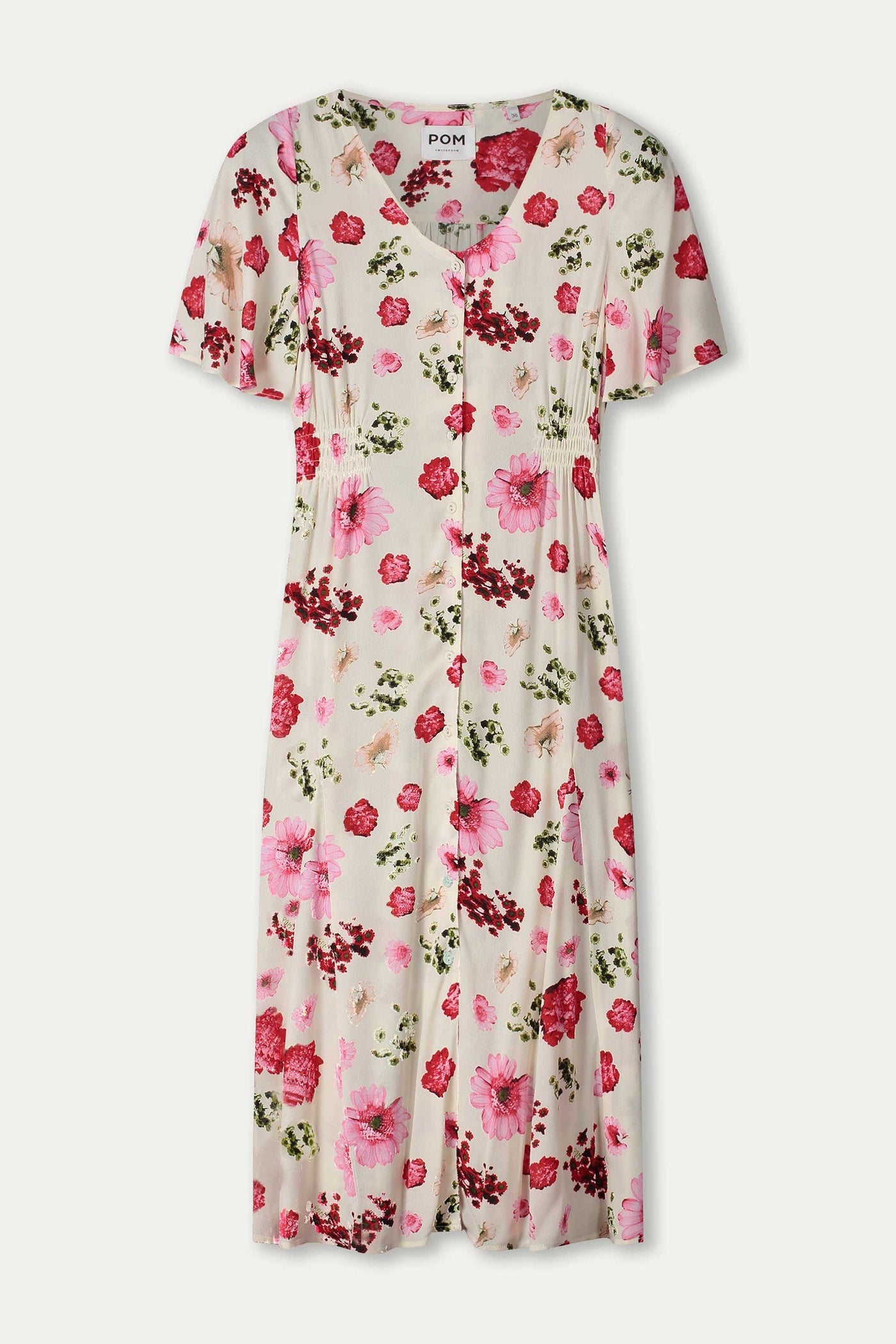 Elegante midi damesjurk met bloemenprint knopen en korte mouwen