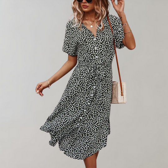 Zomerse midi jurk met korte mouwen en bloemenmotief voor dames