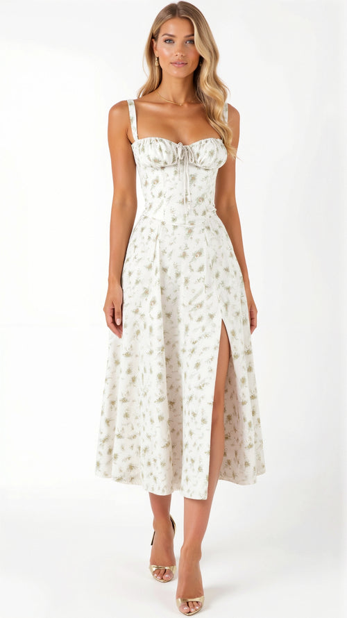 Elegante midi jurk zonder mouwen met bloemenmotief