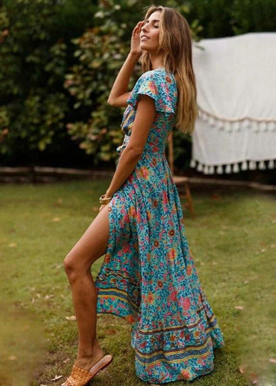 Bohemian lange jurk met korte mouwtjes en elegante stijl