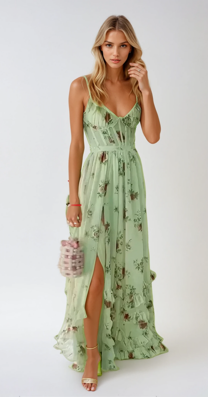 Lange damesjurk met bloemenprint en fijne bandjes voor een elegante zomerstijl