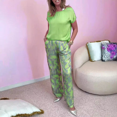 Set van effen top met printbroek in wijde pasvorm voor dames