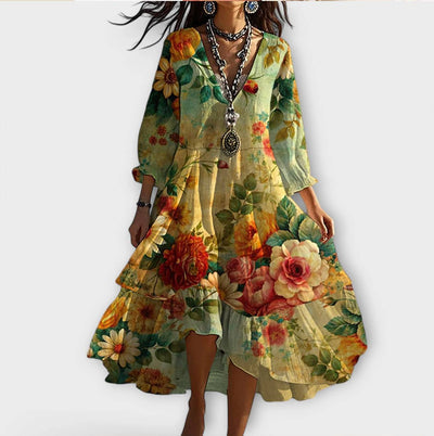 Vintage boho midi jurk met bloemenmotief v-hals en mouwen
