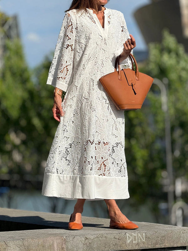 Elegante maxi jurk met wijde mouwen en v-hals