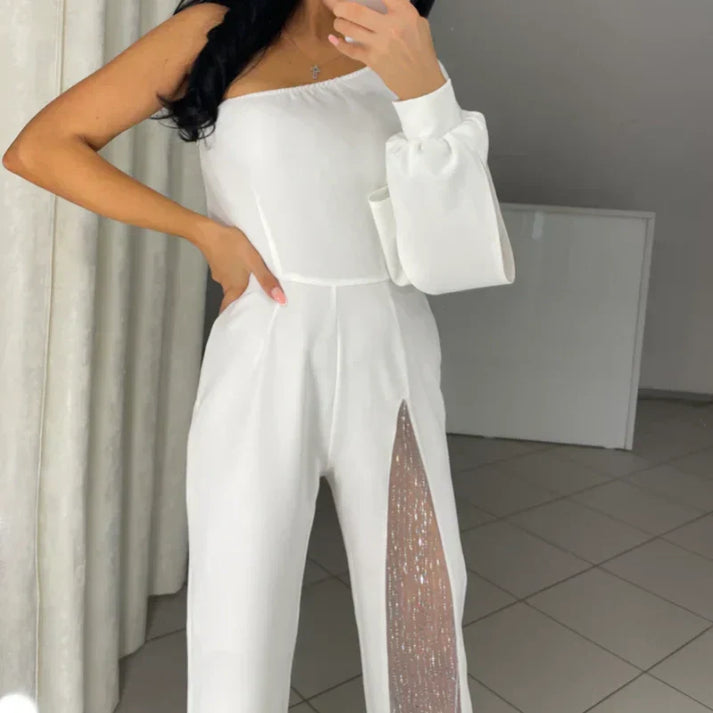 Stijlvolle jumpsuit met één mouw en wijde broekspijpen in opvallend design