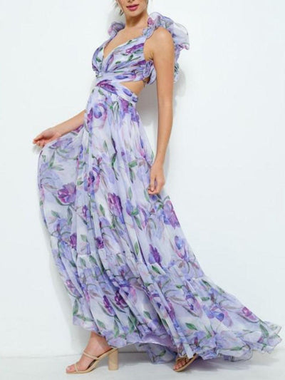 Maxi jurk met open rug en fijne bloemenmotieven in romantische stijl
