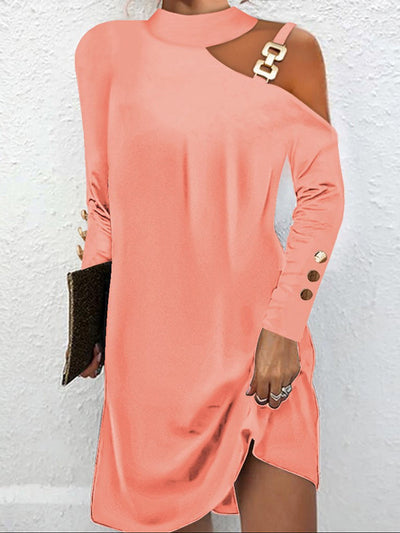 Irene - Lange Mouw Asymmetrische Mini Jurk met Gesp- en Knoopdetails