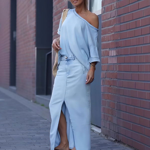 Dames set met asymmetrische top en maxi rok met split