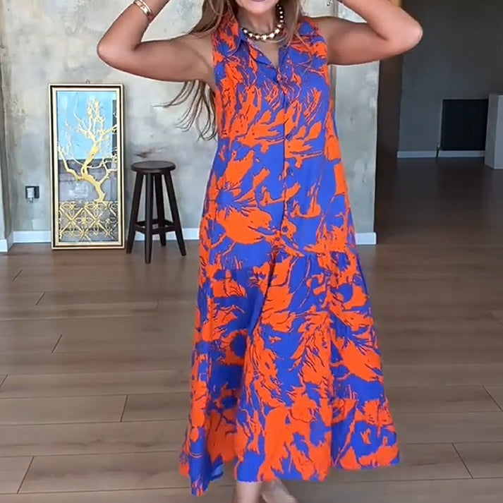 Zomerse maxi jurk zonder mouwen met knoopdetail en omslag