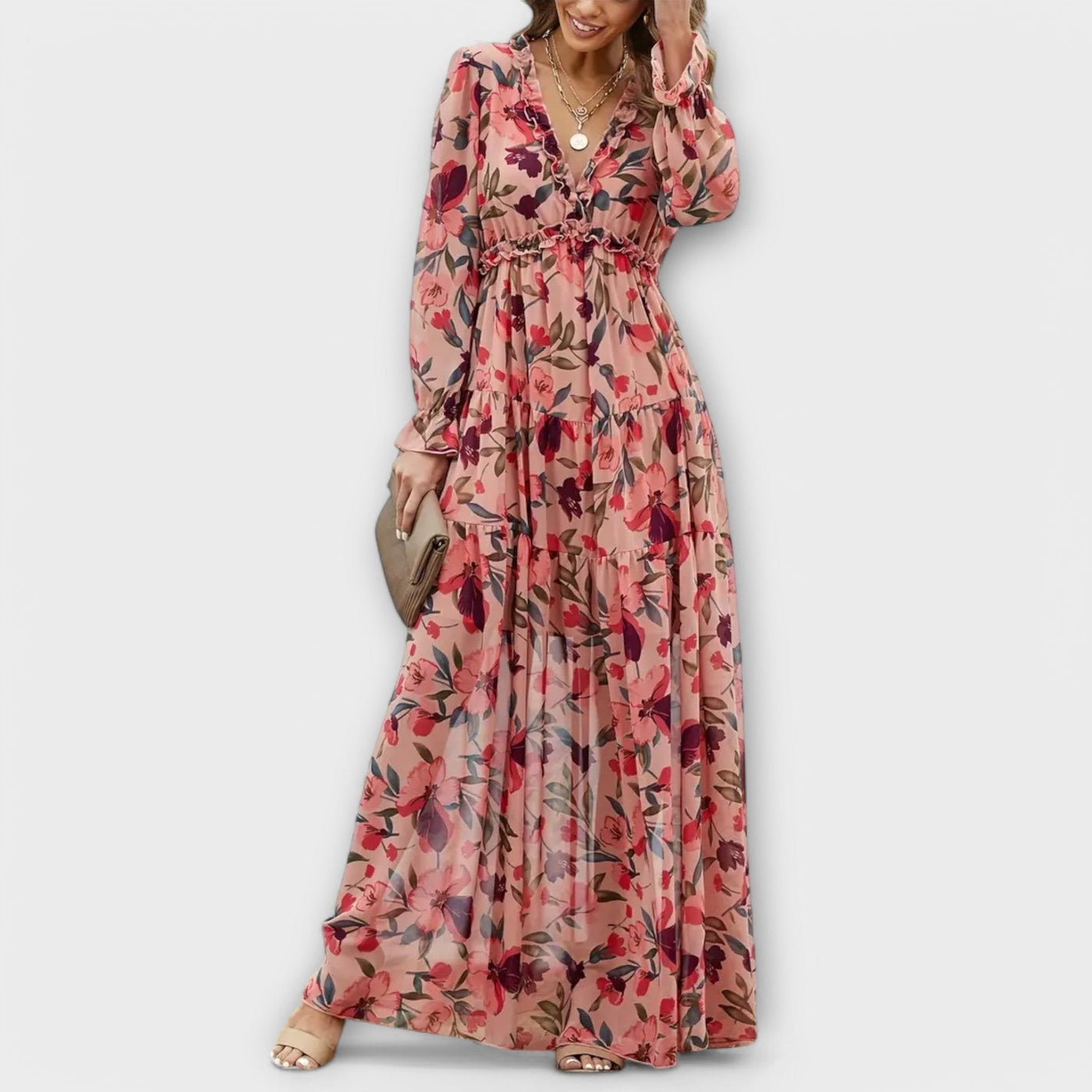 Elegante maxi jurk met bloemenmotief en lange mouwen