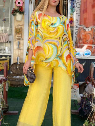 Guadalupe - Kleurrijk tweedelig chiffon damespak met casual print en ronde hals, zomer