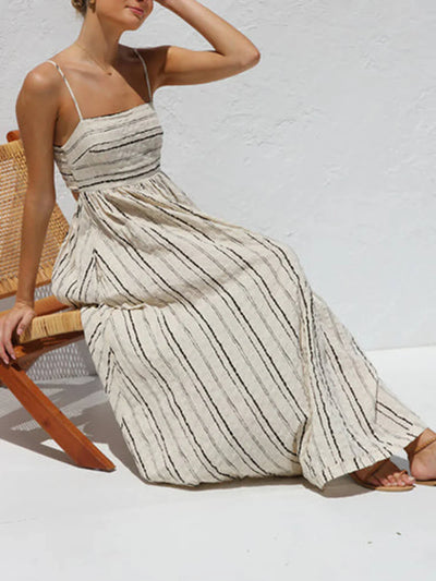 Ruth - Maxi-jurk met elastische rugsluiting in beige en zwarte print