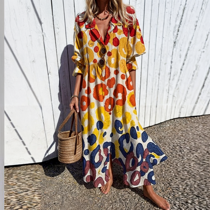 Elegante lange zomerjurk met bloemenprint en lange mouwen