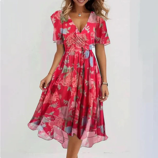 Elegante jurk met V-hals en korte mouwen in losvallend model