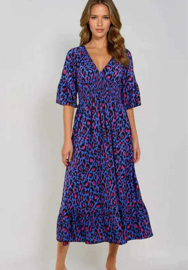 Lange casual damesjurk met print korte mouwen en moderne halslijn