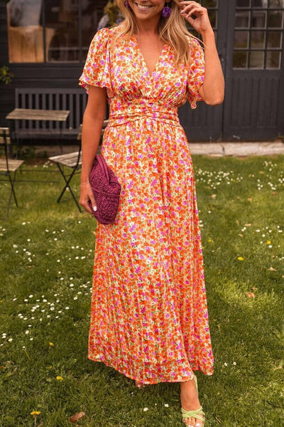 Elegante maxi jurk met V-hals en sierlijke vleugelmouwen