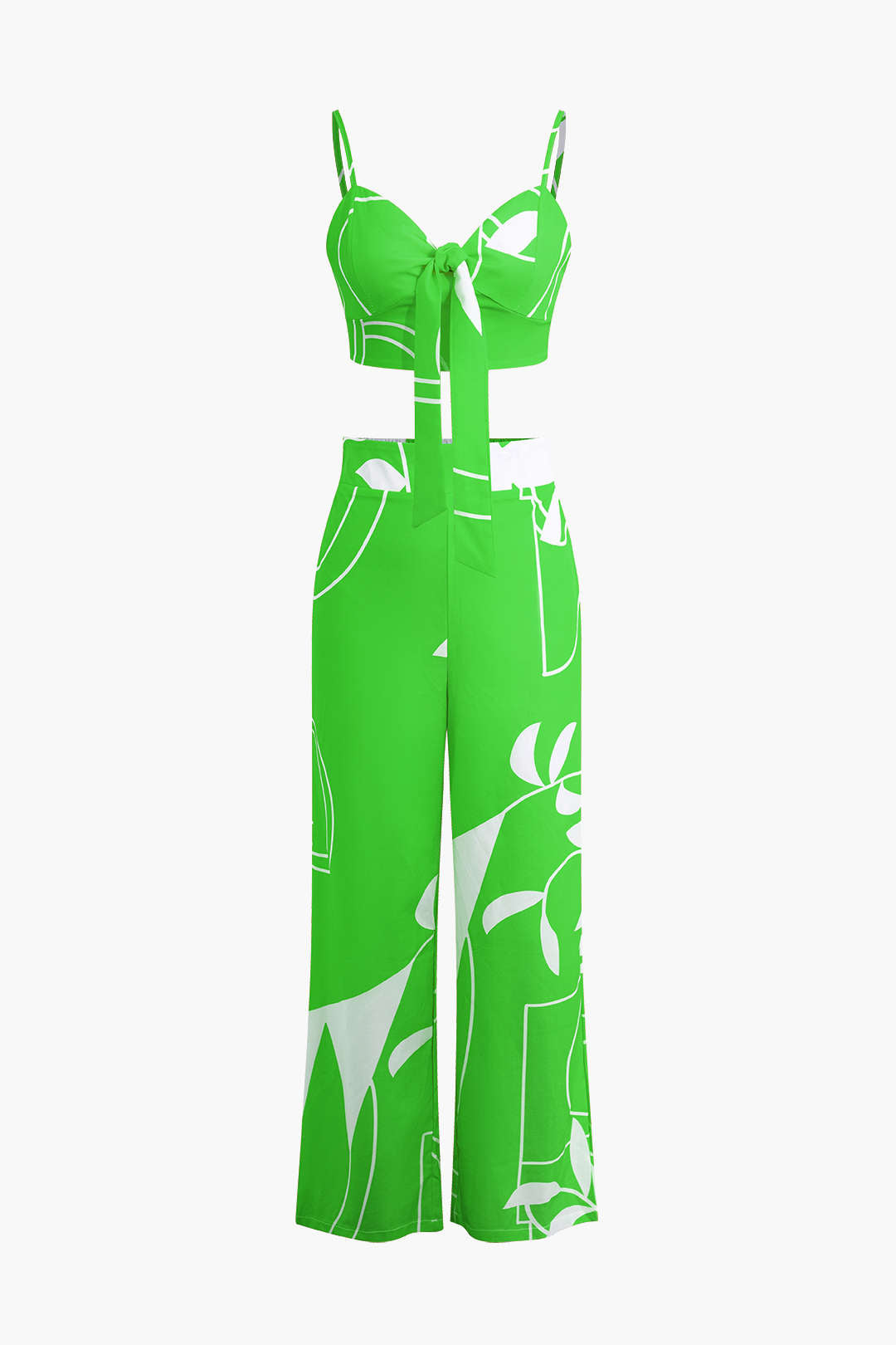 Tweedelige set met cropped top met strikbandjes en wijde broek met bamboebladerenprint